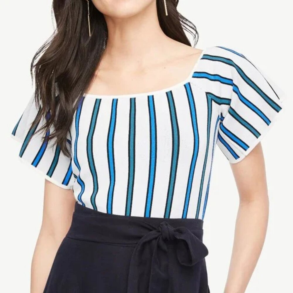 Ann Taylor Striped Off The Shoulder Flutter Sleeve Top L